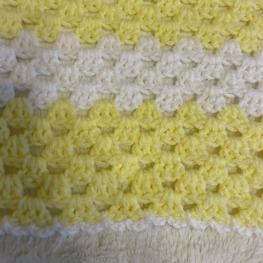 Afghan Blanket Knit Handmade Crochet Baby Throw Vintage 41” x 41” Yellow White